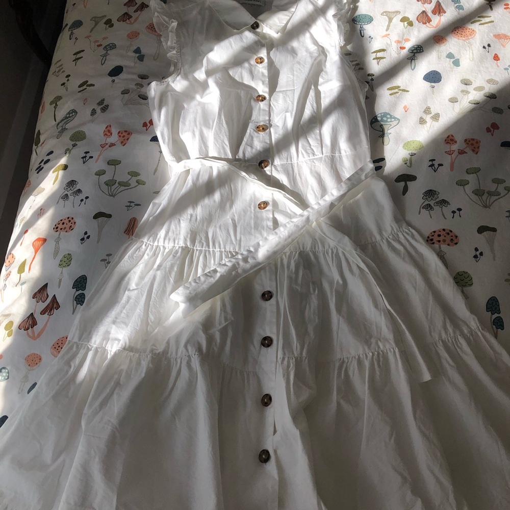 Tiered white button up dress with tie waist